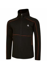Schwarze Jacke mit Reißverschluss vorne und verstellbarem Kapuzen. Mit orangefarbenen Nähten und zwei Reißverschlusstaschen. Hergestellt aus glattem, strukturiertem Stoff.