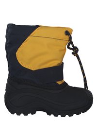 Bota de nieve con suela de goma negra y caña de nylon amarilla y azul marino, que presenta un cierre de ajuste y acentos texturizados para mayor tracción.
