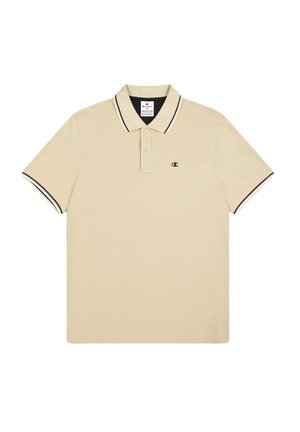 Beige Poloshirt mit Kragen, kurzen Ärmeln, schwarz-weißen gestreiften Akzenten am Kragen und an den Ärmeln sowie einem kleinen schwarzen Logo auf der Brust.