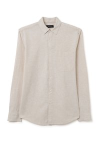 Camisa de manga larga de color beige claro, con botones, hecha de lino texturizado. Tiene un collar con puntas y un bolsillo en el pecho. Acabado de tela suave.
