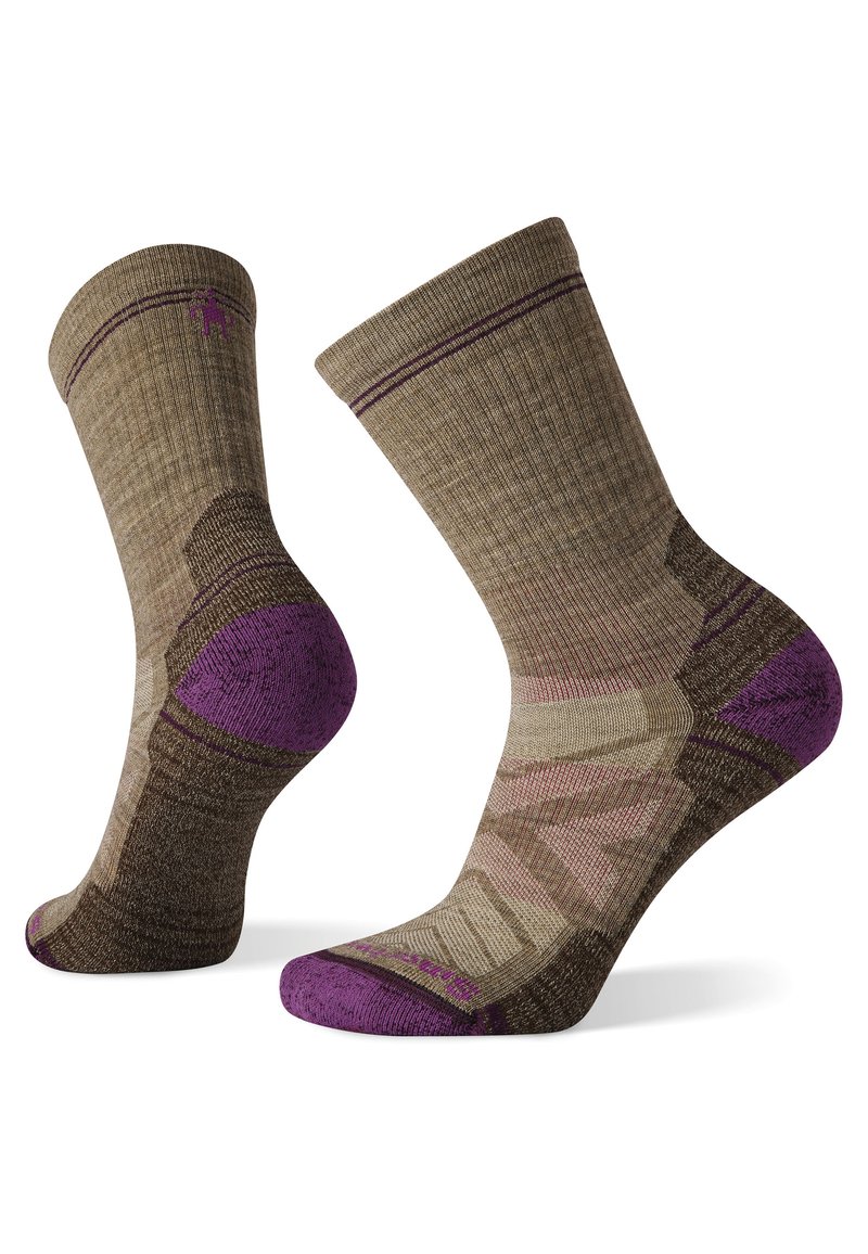 Brown and beige patterned socks with purple accents, featuring ribbed texture, cushioned heel, and reinforced toe for durability.
