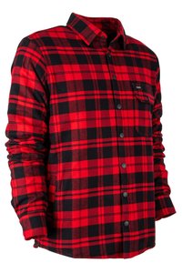 Camisa de franela a cuadros rojos y negros con mangas largas, cierre de botones, cuello puntiagudo y bolsillo en el pecho; la tela parece suave y texturizada.