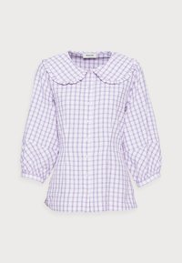 Lilla gingham bluse med en bred, flæset krave, knappet front og puffede ærmer. Tekstureret stof. Skræddersyet silhuet.