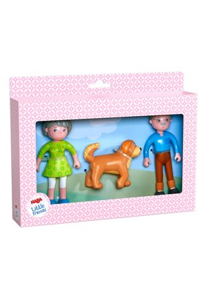 Spielplatz mit zwei Figuren und einem Hund. Die Figuren tragen bunte Outfits; die Frau ist in einem grünen Kleid mit Punkten, und der Mann in Blau.