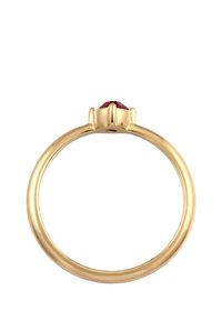 Kuldne sõrmus, millel on ümmargune, fasetiga punane kalliskivi, mis on kinnitatud kuue hamba külge, ning sile ja poleeritud riba.