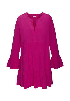 Fuchsia-Taschenkleid mit langen, ausgestellten Ärmeln, V-Ausschnitt und leichten Stoff. Verfügt über eine strukturierte Oberfläche und einen lockeren Schnitt.