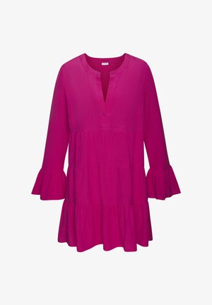 Fuchsia-Taschenkleid mit langen, ausgestellten Ärmeln, V-Ausschnitt und leichten Stoff. Verfügt über eine strukturierte Oberfläche und einen lockeren Schnitt.