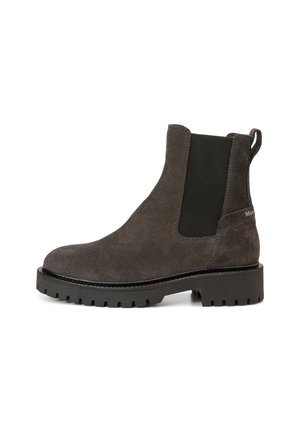 Dark gray suede Chelsea boot with black elastic side panel, pull tab at heel, and thick lug rubber sole.