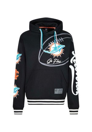 Sort hættejakke med turkise snore, forsynet med en fodboldgrafik, Miami Dolphins logo og hvide striber ved manchætter og kant.