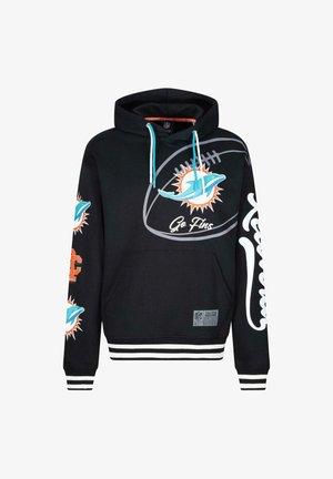 Zwarte hoodie met turquoise koordjes, featuring een voetbalafbeelding, Miami Dolphins-logo, en witte strepen op de manchetten en onderaan.