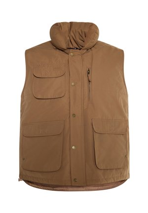 Hnědá prošívaná vesta s vysokým límcem, obsahující dvě velké přední kapsy, kapsu na zip na hrudi a uzávěry na patentky.