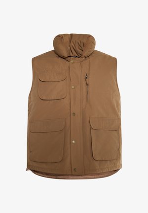 Gilet imbottito marrone con colletto alto, dotato di due grandi tasche frontali, una tasca sul petto con zip e chiusure a pressione.