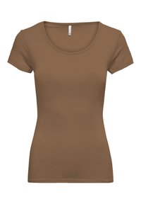 Brown short-sleeve, scoop neck t-shirt made from soft cotton fabric. Fitted design with smooth texture, no patterns or additional accents.
