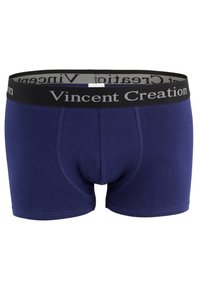 Boxer-briefs bleu foncé avec une taille élastique noire comportant "Vincent Creation" en texte gris. Tissu lisse et design ajusté.