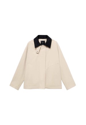Beige jacket with a black corduroy collar, featuring side pockets and a straight silhouette. Made from lightweight fabric, designed for versatility.