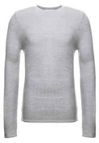 Maglione grigio a maniche lunghe realizzato in tessuto testurizzato, con motivo a costine e scollatura a girocollo. Design semplice e minimalista.