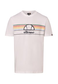 White cotton t-shirt features a horizontal striped design in red, green, yellow, and blue, with a black logo on the chest. Short sleeves.