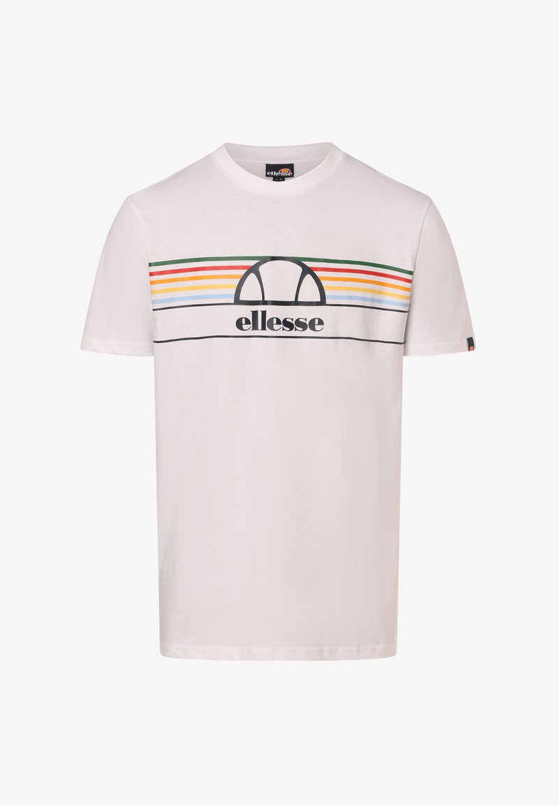 White cotton t-shirt features a horizontal striped design in red, green, yellow, and blue, with a black logo on the chest. Short sleeves.