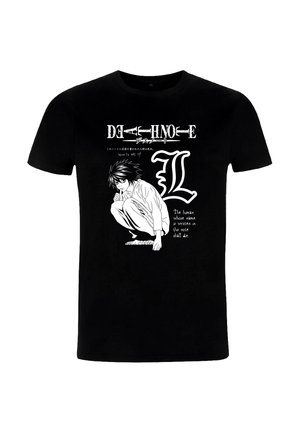Zwart katoenen T-shirt met een wit beeld van een personage dat hurkt, met tekst erboven en eronder in een gestileerd lettertype, met de details van "Death Note".