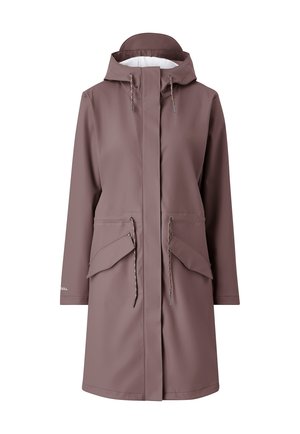 Chubasquero marrón impermeable con un alto cuello, capucha ajustable, dos bolsillos frontales con solapa y cordón en la cintura para ajustar el ajuste.