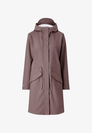 Chubasquero marrón impermeable con un alto cuello, capucha ajustable, dos bolsillos frontales con solapa y cordón en la cintura para ajustar el ajuste.