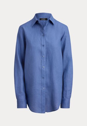 Μπλε λινό πουκάμισο με μακριά μανίκια και κουμπιά, με γιακά, ίσια κοπή, κουμπιά μπροστά και απαλή υφή.