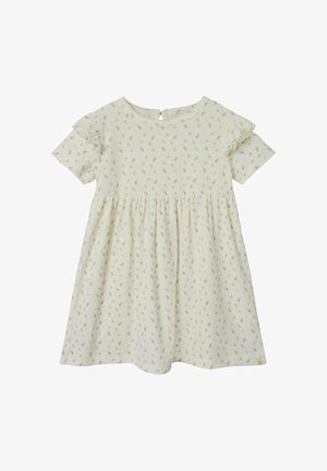 Svetlo smetanova obleka s kratkimi nabrano obrobenimi rokavi, cvetličnim potiskom v pastelnih barvah, nabranim pasom in zapiranjem s ključavnico na hrbtu. Mehka teksturirana tkanina.