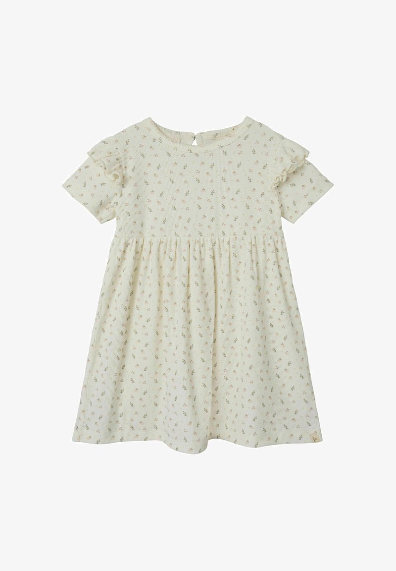 Světle krémové šaty s krátkými volánkovými rukávy, květinový potisk v pastelových barvách, nařasený pas a zapínání na klíčovou dírku na zadní straně. Měkká strukturovaná látka.
