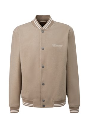 Beige Fleecejacke mit durchgehender Knopfleiste, geripptem Kragen und gestreiften Bündchen. Mit grauen Knöpfen und gesticktem Logo auf der Brust.