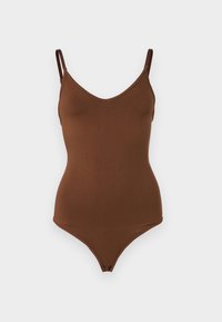 Bruine bodysuit van gladde stof, met een diepe V-hals, dunne bandjes en een aansluitende silhouet met een hoog gesneden beenontwerp.