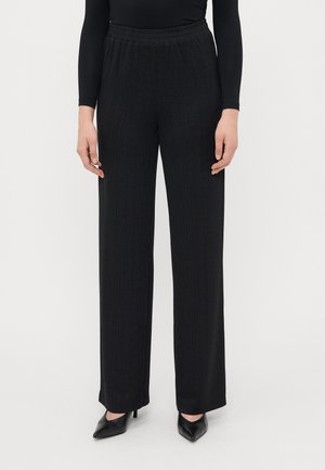 Pantalons noirs à jambes larges avec un motif rayé vertical texturé. Présente une taille élastique et un tissu lisse. Associés à des talons aiguilles noirs.