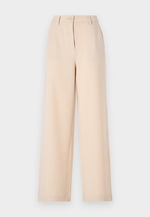 Beige vide benbukser med knappelukking, belteholder og glatt stoff. Har en skreddersydd design og rette ben for en avslappet passform.