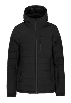 Giacca nera isolata con cappuccio, texture a quadri orizzontali, zip frontale e tasca sul petto. Presenta polsini elasticizzati e orlo regolabile.