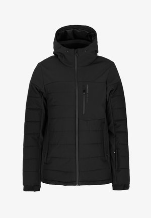 Chaqueta aislante negra con capucha, textura acolchada horizontal, cremallera frontal y bolsillo en el pecho. Cuenta con puños elásticos y dobladillo ajustable.