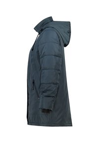 Donsjack in donker teal, met een capuchon, ritszakken aan de zijkanten en een gequiltde textuur. De mouwen zijn licht gathering voor een betere pasvorm.