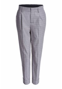 Pantalons à carreaux gris avec une coupe ajustée, présentant des plis, des jambes effilées et des ourlets retroussés. Le matériau semble tissé avec une texture douce.