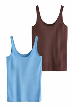 Two ribbed tank tops, one light blue and one dark brown, displayed side by side on a white background.