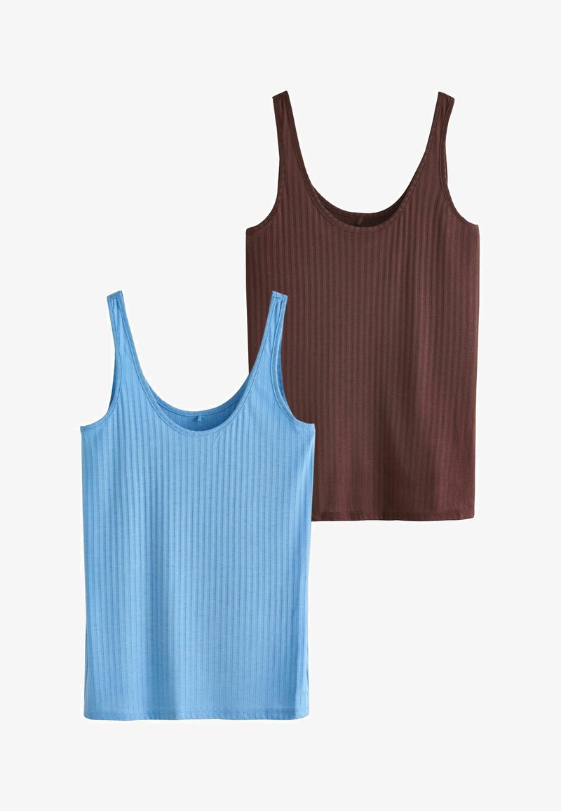 Deux débardeurs côtelés, l'un bleu clair et l'autre marron foncé, présentés côte à côte sur un fond blanc.