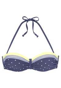 Haut de bikini bleu marine avec des pois blancs, des accents jaunes et des rayures horizontales. Dispose de liens à nouer ajustables et d'un design à l'avant froncé.