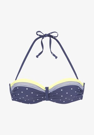 Navy blue bikini top with white polka dots, yellow accents, and horizontal stripes. Features adjustable halter ties and a gathered front design.