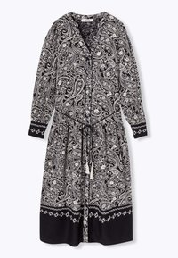 Robe à motifs paisley noir et blanc avec des manches longues, un col en V, une taille à cordon et un ourlet noir uni avec des accents floraux.