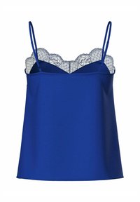 Camisetta blu con spalline sottili; presenta un bordino di pizzo al collo. Texture liscia, vestibilità comoda e bordi ondulati sul pizzo.