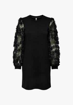 Black dress with sheer long sleeves embellished with textured floral ruffles, ribbed cuffs, and a round neckline.