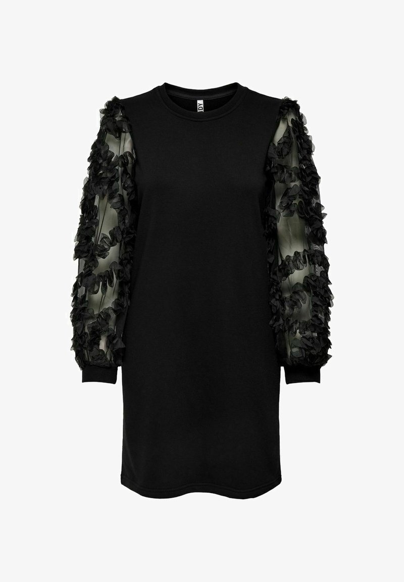 Robe noire avec manches longues transparentes ornées de volants floraux texturés, poignets côtelés et encolure ronde.