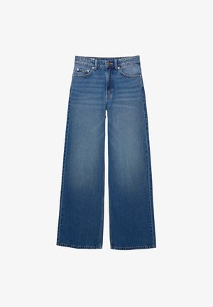 Džínsy s širokými nohavicami vyrobené z denimu, so zvýšeným pásom, prešitými detailmi a jednoduchým dizajnom s jemným efektom vyblednutia.