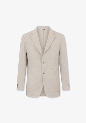 Beige herenblazer met twee knopen, inkeping rever, twee voorzakken met opzetstukken en knoopmanchetten, getoond op een witte achtergrond.