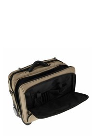 Bolsa de viaje con ruedas en tela beige con un interior negro, que cuenta con múltiples compartimentos, un asa resistente y ruedas que giran suavemente.