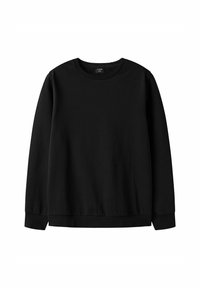 Sudadera negra de cuello redondo y manga larga con puños y dobladillo acanalados, presentada sobre un fondo blanco.