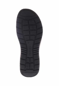 Schwarze Gummisohle mit einem strukturierten Profil, die Rillen für besseren Halt aufweist und ein Logo in der Nähe der Mitte hat. Flaches und langlebiges Design.