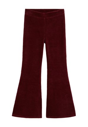 Bordeauxrote Cordflared-Hose mit weitem Bund, ohne sichtbare Taschen oder Verschlüsse, flach auf weißem Hintergrund dargestellt.